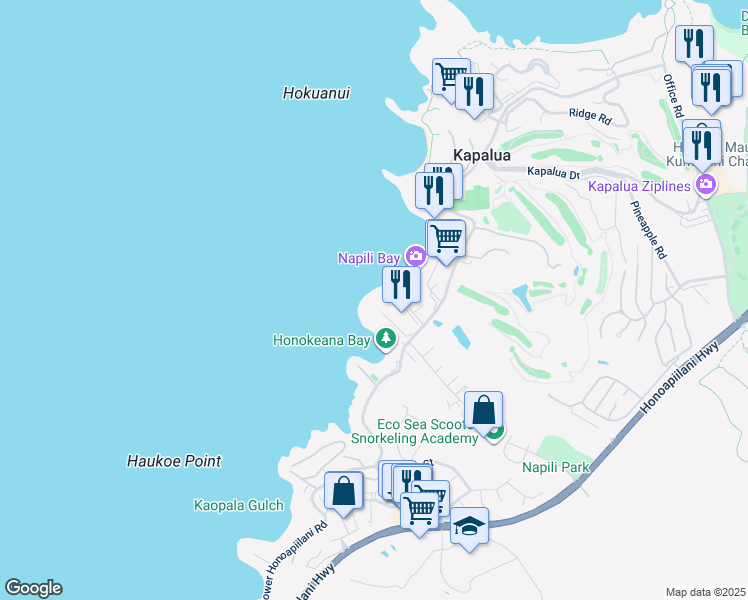 map of restaurants, bars, coffee shops, grocery stores, and more near 5315 Lower Honoapiilani Road in Lahaina
