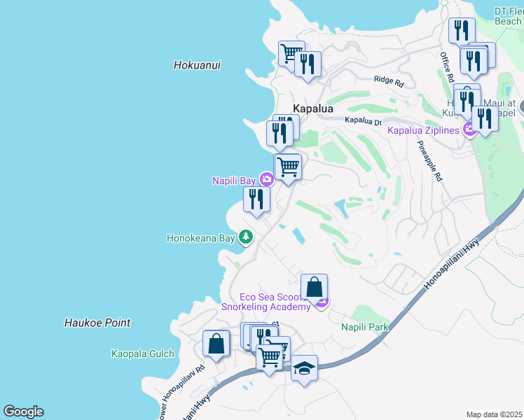 map of restaurants, bars, coffee shops, grocery stores, and more near 5315 Lower Honoapiilani Road in Lahaina