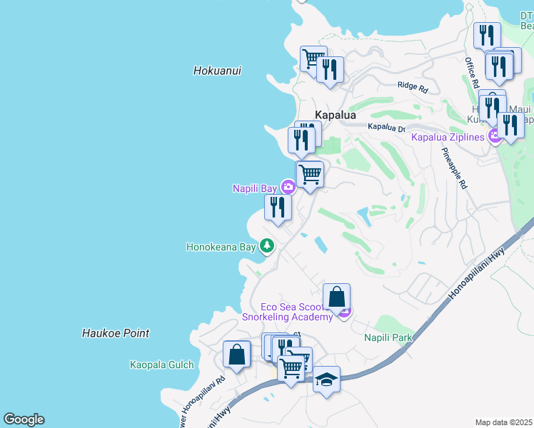 map of restaurants, bars, coffee shops, grocery stores, and more near 5315 Lower Honoapiilani Road in Lahaina