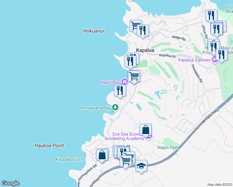 map of restaurants, bars, coffee shops, grocery stores, and more near 5315 Lower Honoapiilani Road in Lahaina
