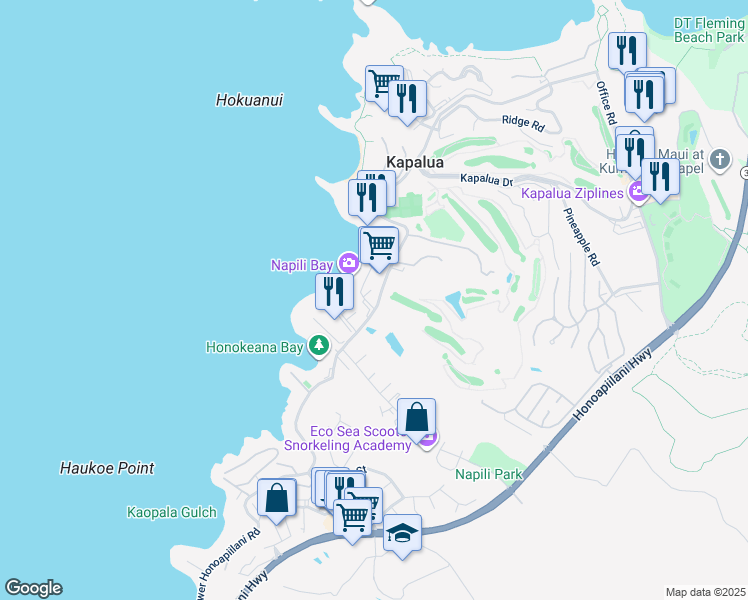 map of restaurants, bars, coffee shops, grocery stores, and more near 5385 Lower Honoapiilani Road in Lahaina