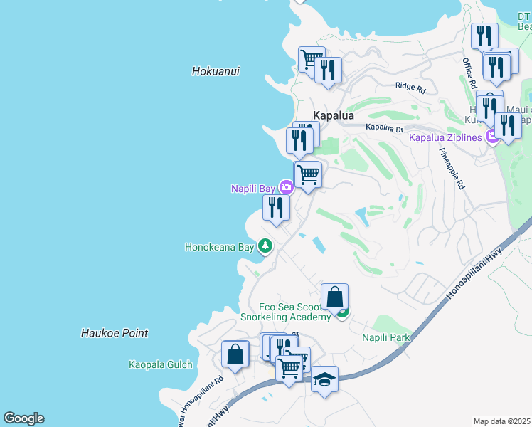 map of restaurants, bars, coffee shops, grocery stores, and more near 5315 Lower Honoapiilani Road in Lahaina
