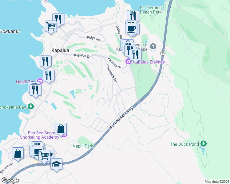 map of restaurants, bars, coffee shops, grocery stores, and more near 102 Woodrose Place in Lahaina