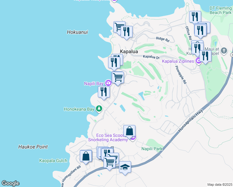 map of restaurants, bars, coffee shops, grocery stores, and more near 5385 Lower Honoapiilani Road in Lahaina