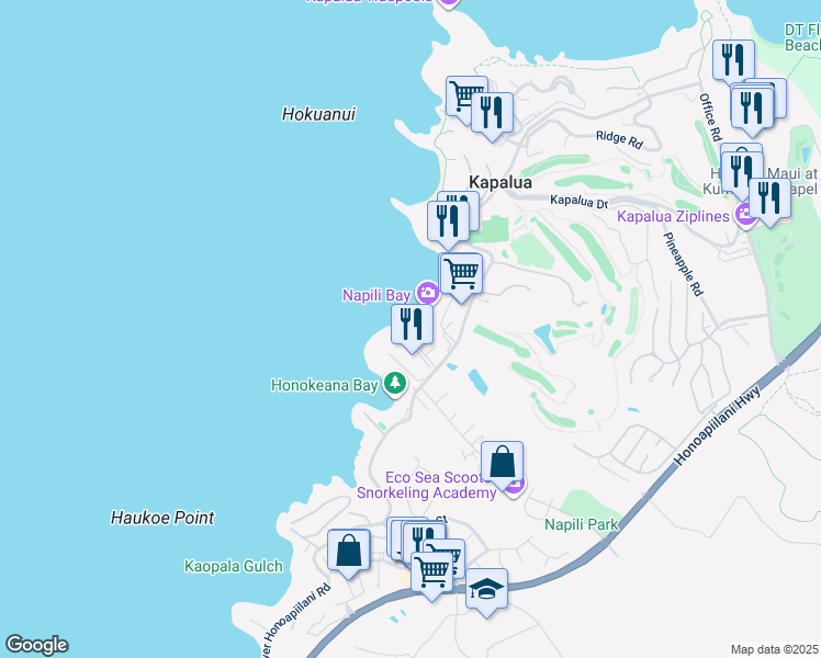 map of restaurants, bars, coffee shops, grocery stores, and more near 5315 Lower Honoapiilani Road in Lahaina