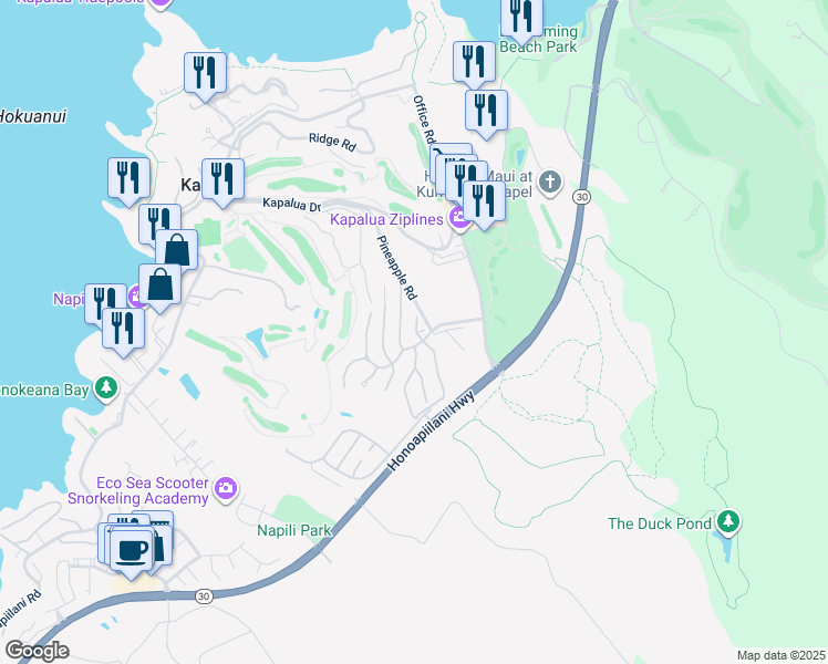 map of restaurants, bars, coffee shops, grocery stores, and more near 104 Woodrose Place in Lahaina