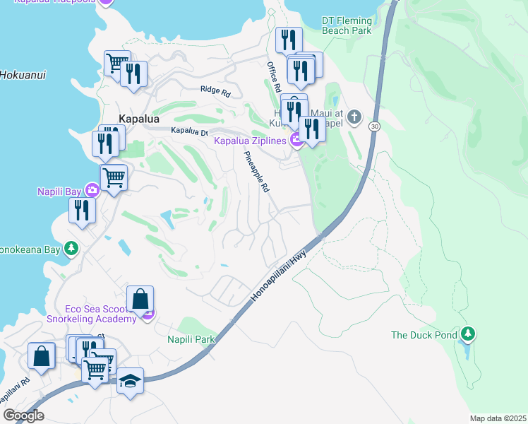 map of restaurants, bars, coffee shops, grocery stores, and more near 104 Woodrose Place in Lahaina