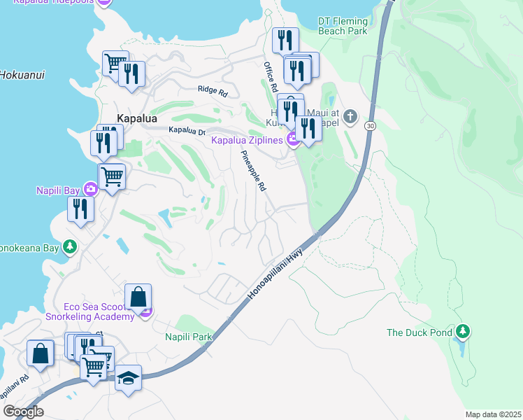 map of restaurants, bars, coffee shops, grocery stores, and more near 104 Woodrose Place in Lahaina