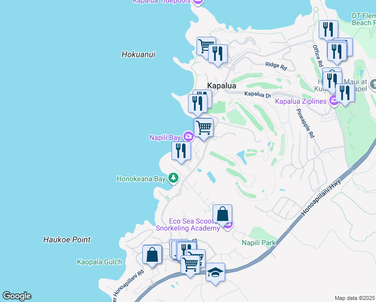 map of restaurants, bars, coffee shops, grocery stores, and more near 5315 Lower Honoapiilani Road in Lahaina