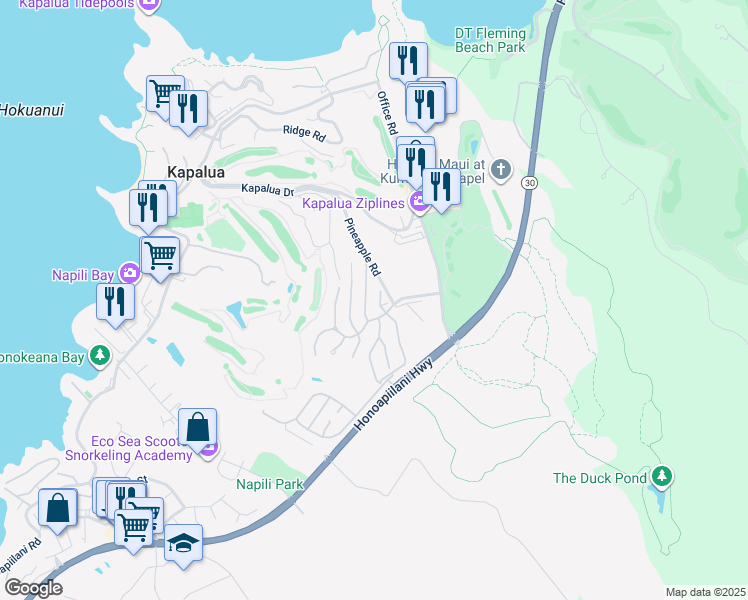 map of restaurants, bars, coffee shops, grocery stores, and more near 106 Woodrose Place in Lahaina