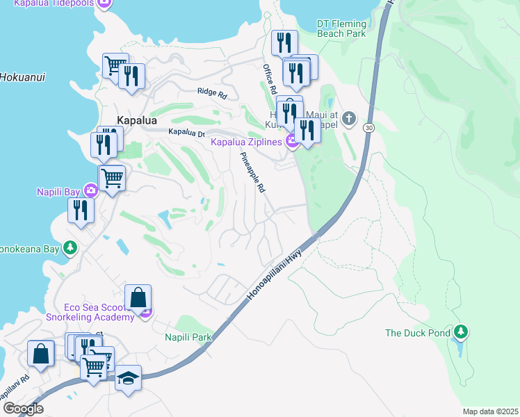 map of restaurants, bars, coffee shops, grocery stores, and more near 106 Woodrose Place in Lahaina