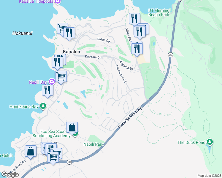 map of restaurants, bars, coffee shops, grocery stores, and more near 704 Fairway Drive in Lahaina