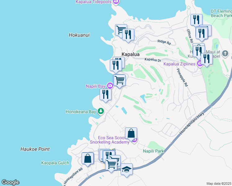 map of restaurants, bars, coffee shops, grocery stores, and more near 46 Hui Drive in Lahaina