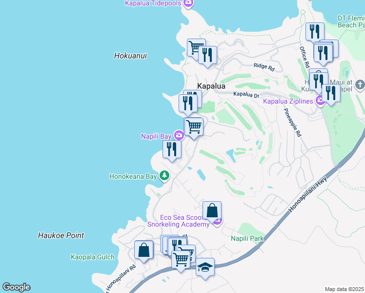 map of restaurants, bars, coffee shops, grocery stores, and more near 41 Hui Drive in Lahaina
