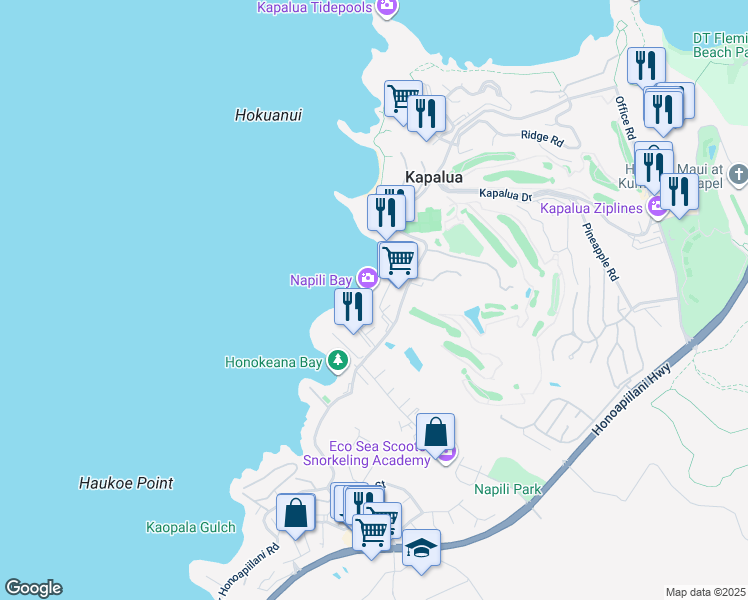 map of restaurants, bars, coffee shops, grocery stores, and more near 41 Hui Drive in Lahaina