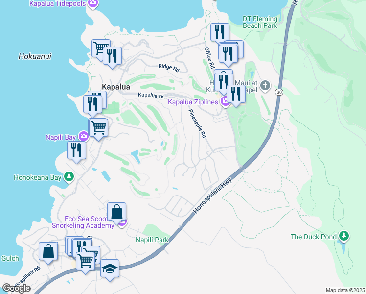 map of restaurants, bars, coffee shops, grocery stores, and more near 704 Fairway Drive in Lahaina