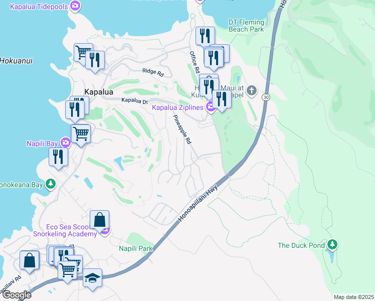 map of restaurants, bars, coffee shops, grocery stores, and more near 110 Woodrose Place in Lahaina