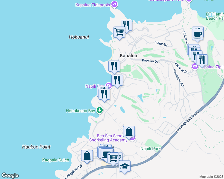 map of restaurants, bars, coffee shops, grocery stores, and more near 53 Hui Drive in Lahaina