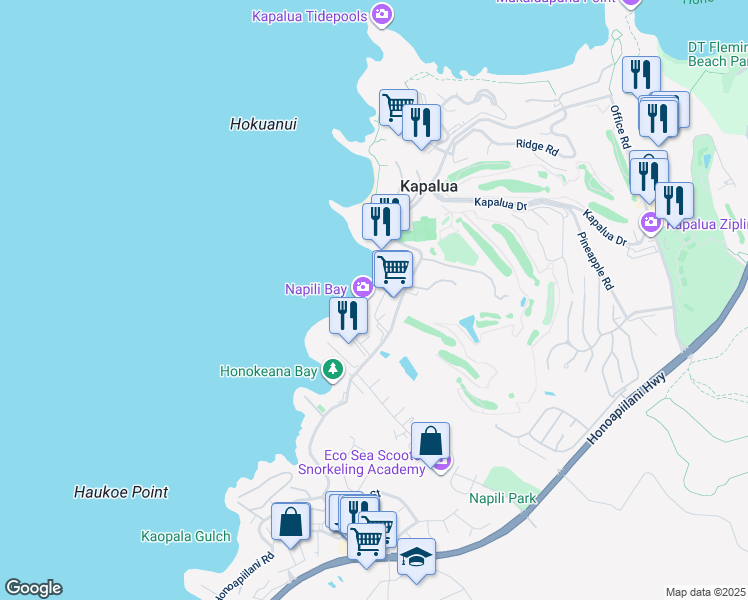 map of restaurants, bars, coffee shops, grocery stores, and more near 53 Hui Drive in Lahaina