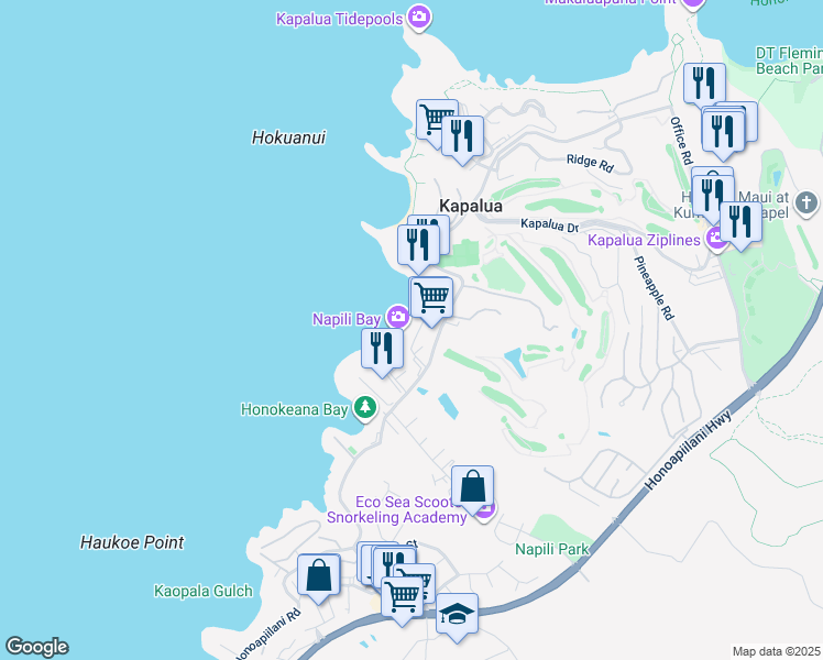 map of restaurants, bars, coffee shops, grocery stores, and more near 53 Hui Drive in Lahaina