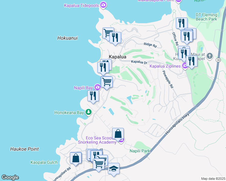map of restaurants, bars, coffee shops, grocery stores, and more near 5432 Lower Honoapiilani Road in Lahaina