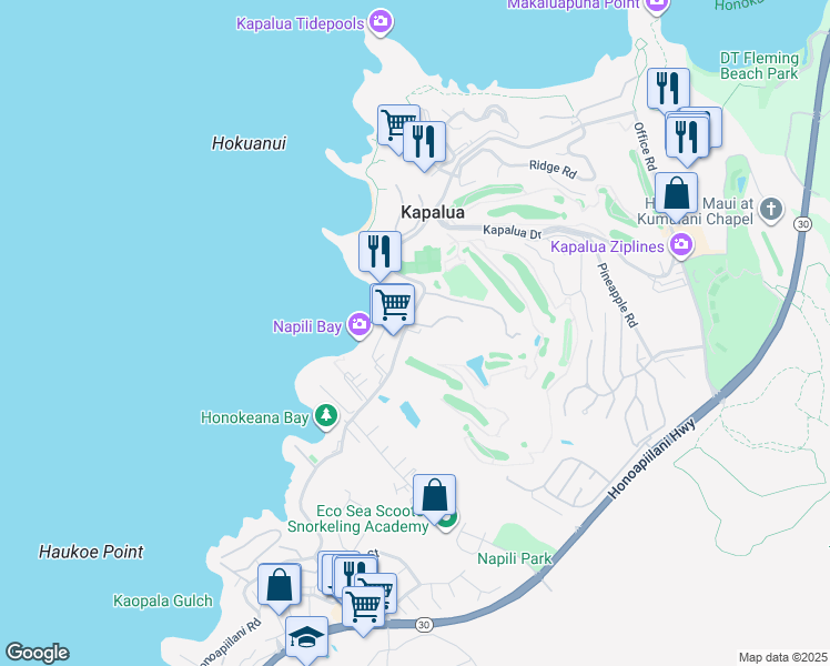 map of restaurants, bars, coffee shops, grocery stores, and more near 5460 Lower Honoapiilani Road in Lahaina