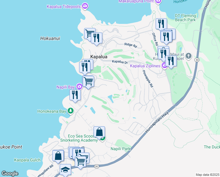map of restaurants, bars, coffee shops, grocery stores, and more near 5446 Lower Honoapiilani Road in Lahaina