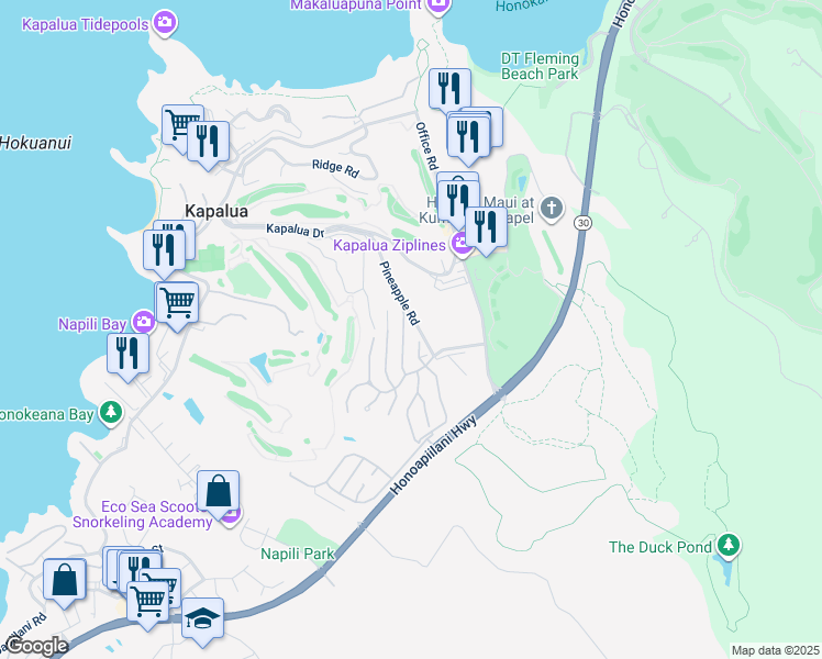 map of restaurants, bars, coffee shops, grocery stores, and more near 114 Woodrose Place in Lahaina