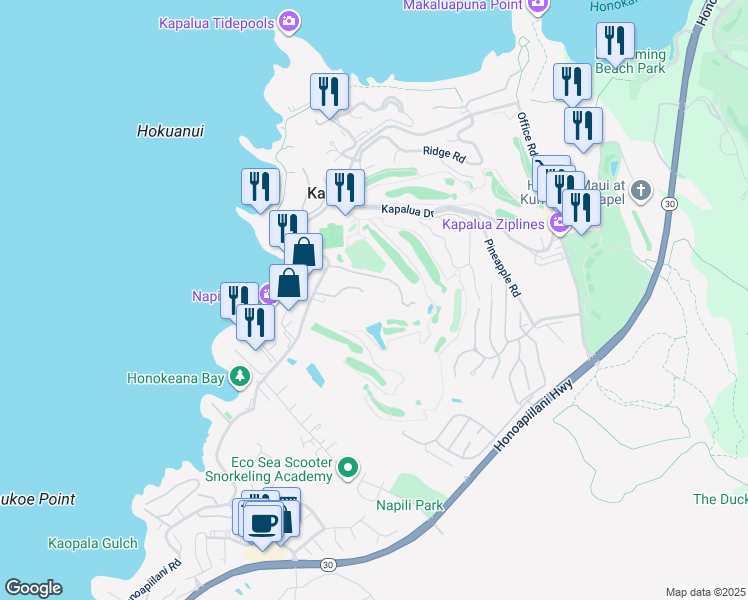 map of restaurants, bars, coffee shops, grocery stores, and more near 5446 Lower Honoapiilani Road in Lahaina