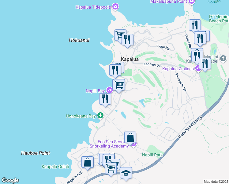 map of restaurants, bars, coffee shops, grocery stores, and more near 65 Hui Road H in Lahaina