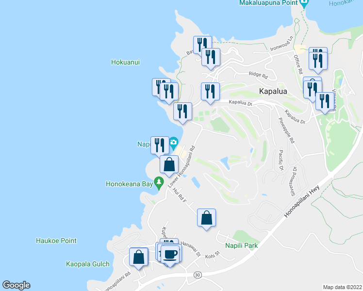 map of restaurants, bars, coffee shops, grocery stores, and more near 65 Hui Road H in Lahaina