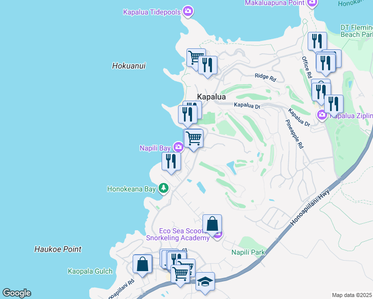 map of restaurants, bars, coffee shops, grocery stores, and more near 77 Hui Road H in Lahaina