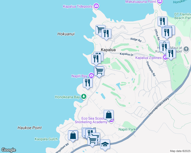 map of restaurants, bars, coffee shops, grocery stores, and more near 65 Hui Road H in Lahaina