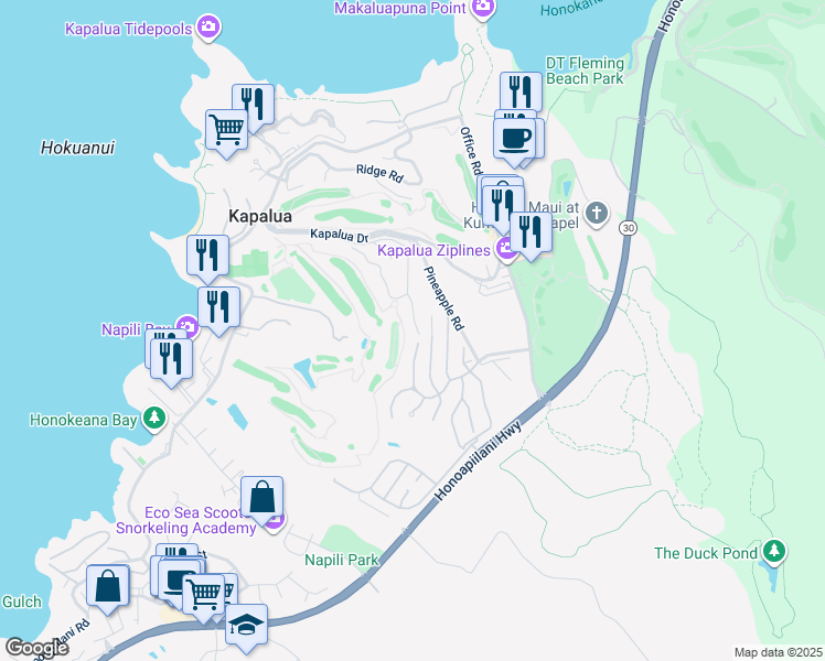 map of restaurants, bars, coffee shops, grocery stores, and more near 500 Kapalua Drive in Lahaina