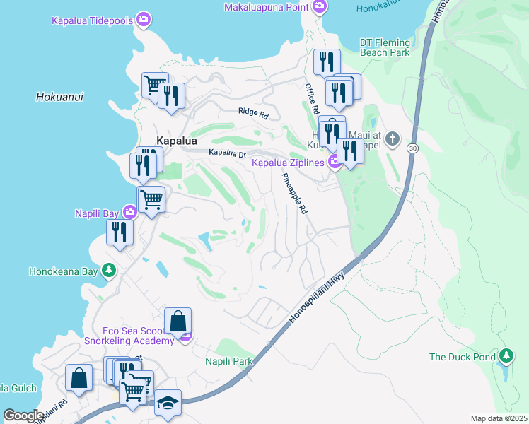 map of restaurants, bars, coffee shops, grocery stores, and more near 500 Kapalua Drive in Lahaina
