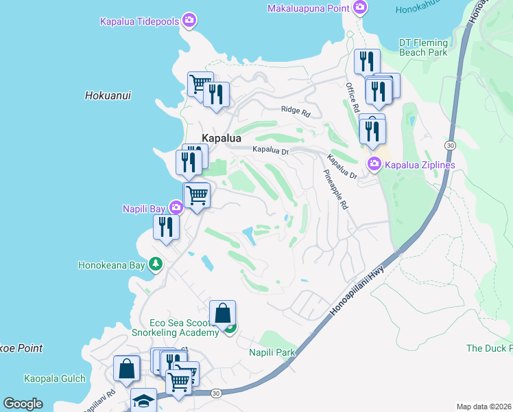 map of restaurants, bars, coffee shops, grocery stores, and more near 5510 Lower Honoapiilani Road in Lahaina