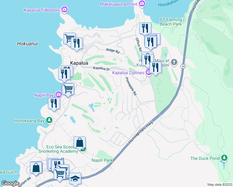 map of restaurants, bars, coffee shops, grocery stores, and more near 500 Kapalua Drive in Lahaina