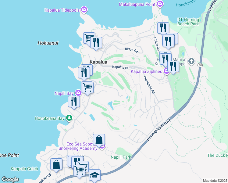 map of restaurants, bars, coffee shops, grocery stores, and more near 5510 Lower Honoapiilani Road in Lahaina