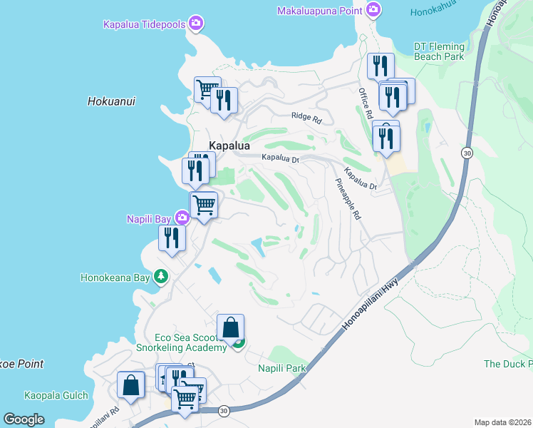 map of restaurants, bars, coffee shops, grocery stores, and more near 5510 Lower Honoapiilani Road in Lahaina