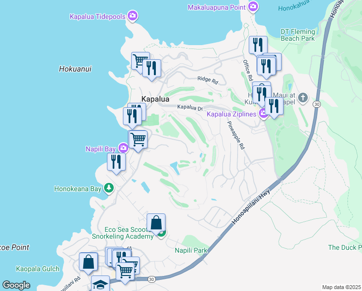 map of restaurants, bars, coffee shops, grocery stores, and more near 5510 Lower Honoapiilani Road in Lahaina