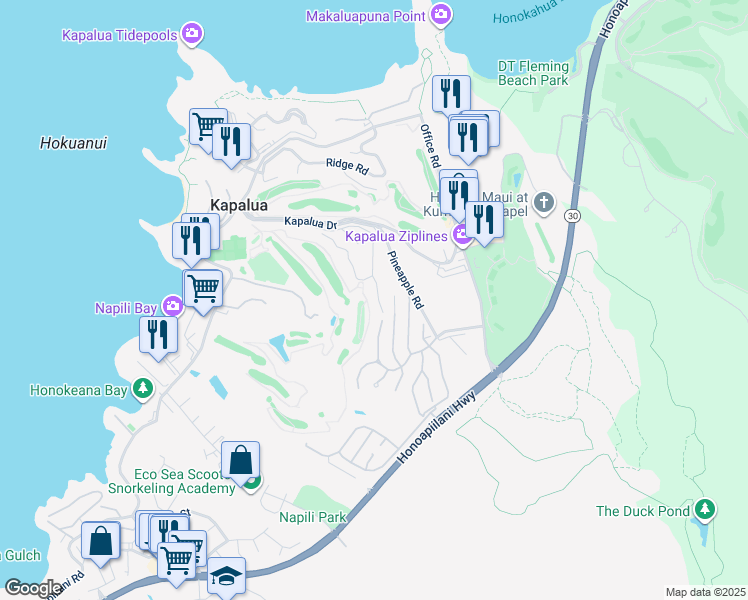 map of restaurants, bars, coffee shops, grocery stores, and more near 500 Kapalua Drive in Lahaina