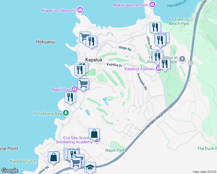 map of restaurants, bars, coffee shops, grocery stores, and more near 5510 Lower Honoapiilani Road in Lahaina