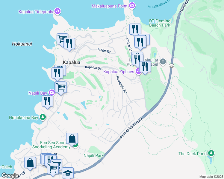 map of restaurants, bars, coffee shops, grocery stores, and more near 500 Kapalua Drive in Lahaina