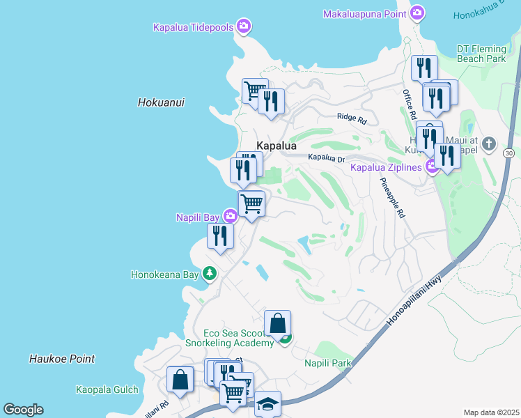map of restaurants, bars, coffee shops, grocery stores, and more near 5900 Lower Honoapiilani Road in Lahaina