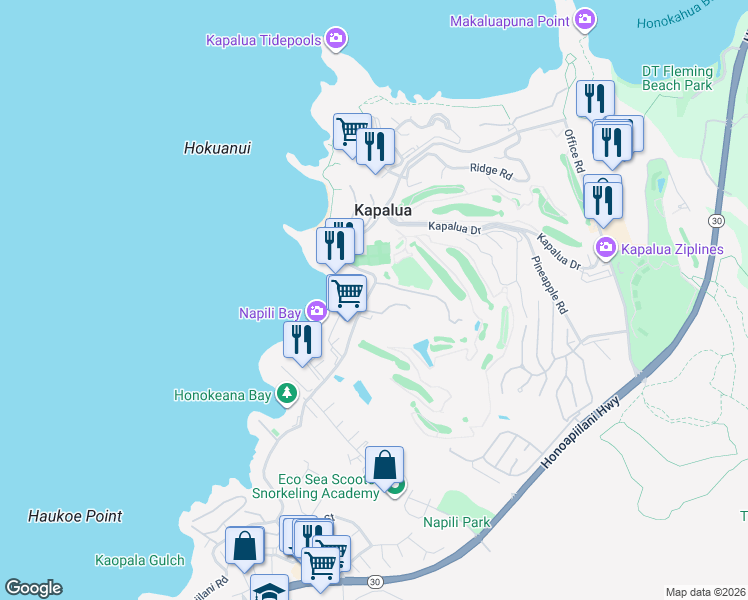 map of restaurants, bars, coffee shops, grocery stores, and more near 5460 Lower Honoapiilani Road in Lahaina