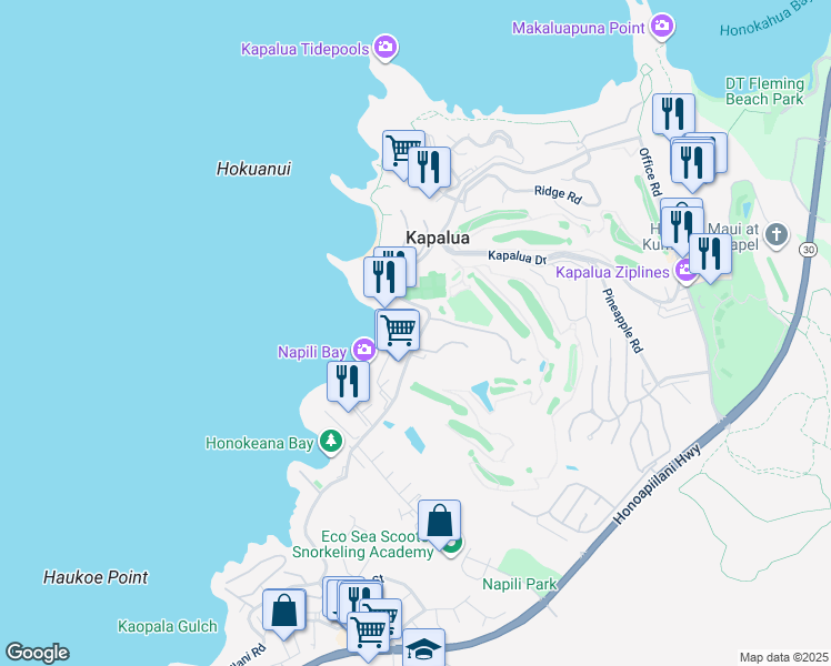 map of restaurants, bars, coffee shops, grocery stores, and more near 5461 Lower Honoapiilani Road in Lahaina