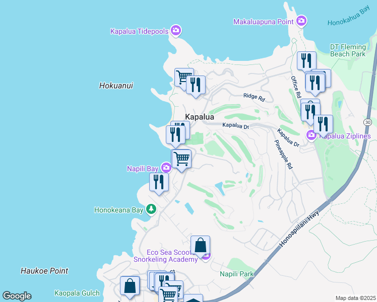 map of restaurants, bars, coffee shops, grocery stores, and more near 5511 Lower Honoapiilani Road in Lahaina