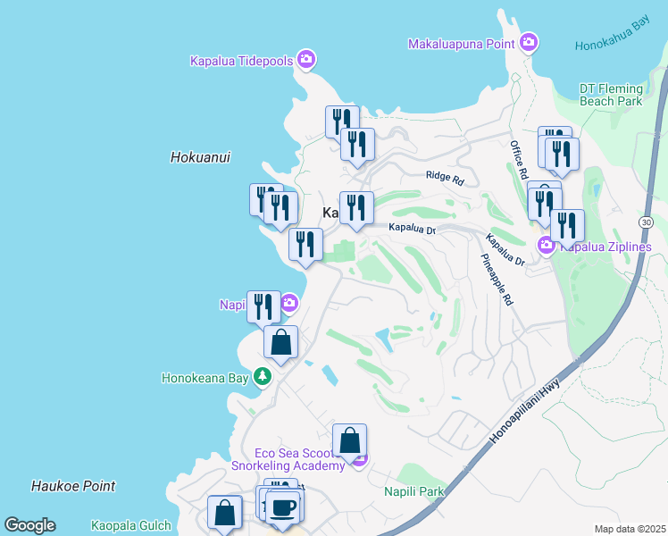 map of restaurants, bars, coffee shops, grocery stores, and more near 5511 Lower Honoapiilani Road in Lahaina