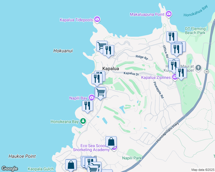 map of restaurants, bars, coffee shops, grocery stores, and more near 5510 Lower Honoapiilani Road in Lahaina