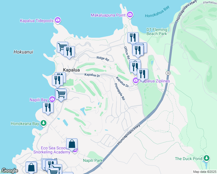 map of restaurants, bars, coffee shops, grocery stores, and more near 500 Kapalua Drive in Lahaina